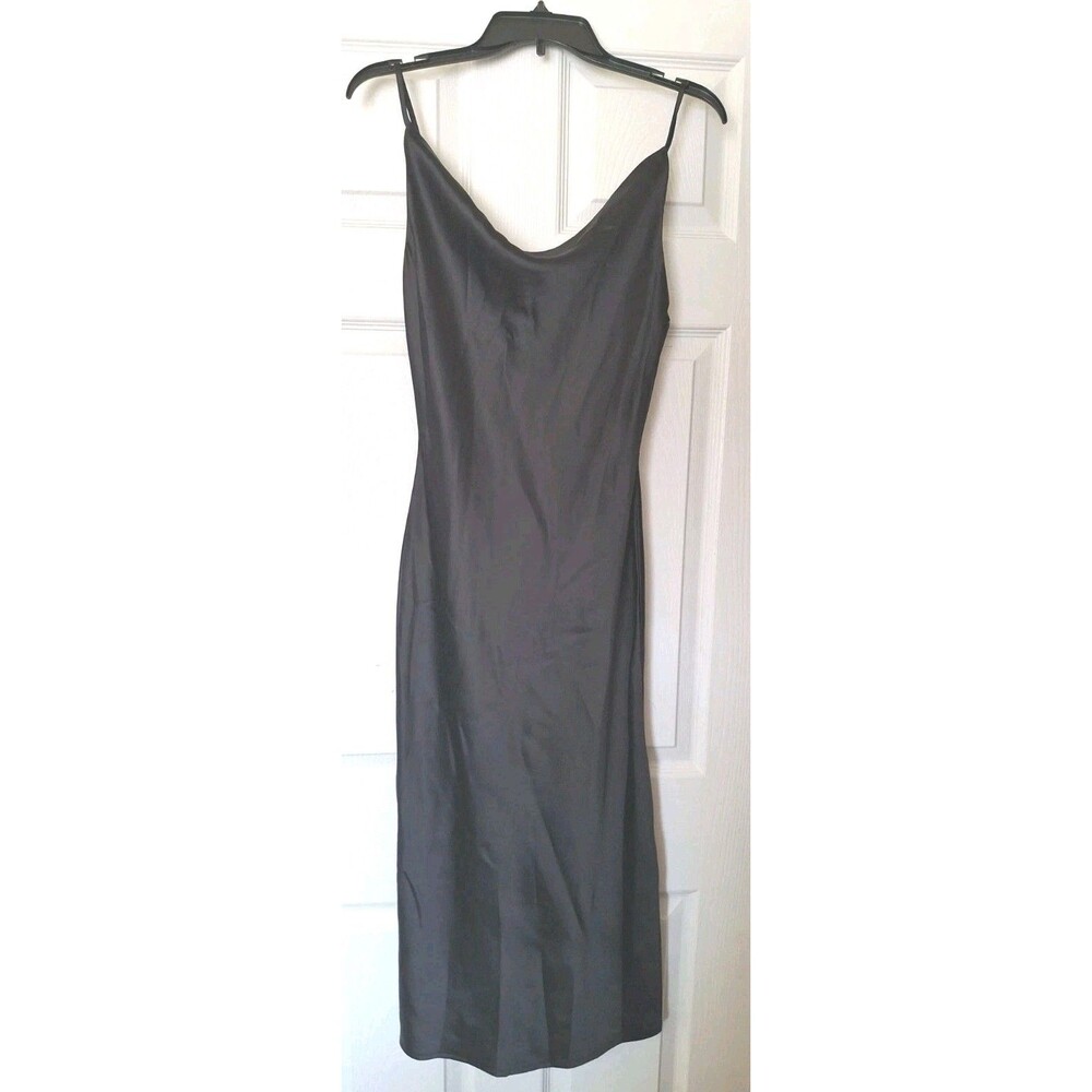 Womens Satin Midi Slip Dress Large Black Drape Neck Slit Whimsygoth Y2K bigHit